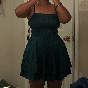 City Studio Sparkle Dark Teal Tiered Mini Hoco Dress